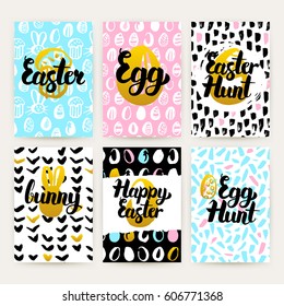 Happy Easter Trendy Posters. Vector Illustration of 80s Style Pattern Design with Handwritten Lettering.