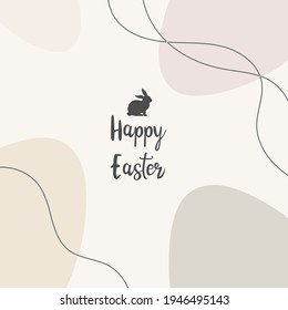 Happy easter. Trendy square abstract Easter template. With typography, Easter bunny, eggs, pastel colors. Suitable for social media posts and postcards. Vector illustration.