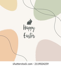 Feliz Pascua. Plantilla abstracta de Pascua de moda. Con tipografía, conejo de Pascua, huevos, colores pastel. Adecuado para publicaciones en medios sociales y postales. Ilustración vectorial.