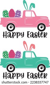 Happy Easter Truck Bunny Eggs, Spring, Easter, Tulips Flower, Happy Easter Vector Illustration File