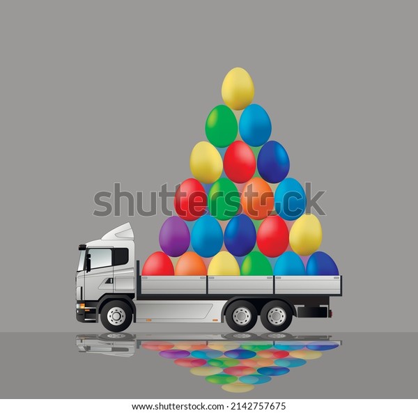 Happy easter. The\
truck carries a mountain of colored eggs for the holiday.\
Reflection on the\
ground.