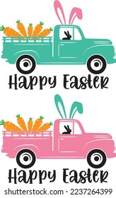 Happy Easter Truck Carrots, Spring, Easter, Tulips Flower, Happy Easter Vector Illustration Files