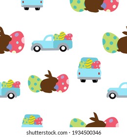 Happy Easter Truck with Eggs, vector seamless pattern