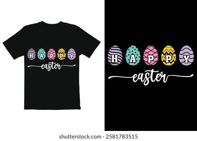 Happy Easter T-Shirt Design with Colorful Eggs A vibrant and cheerful design for an Easter T-shirt.