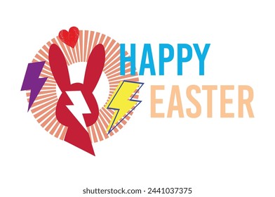 Happy easter. T-shirt design of the silhouette of a red rabbit next to thunder symbols on a white background.