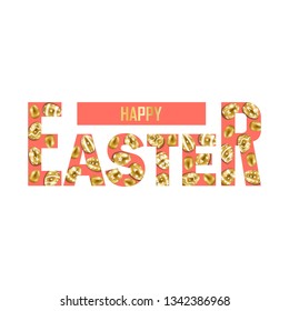 Happy Easter t-shirt fashion print on white background with gold eggs. Pattern with lettering for tshirt and apparel graphics, poster, print, postcard.