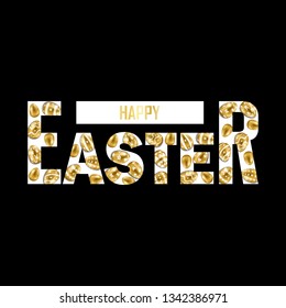 Happy Easter t-shirt fashion print on black background with gold eggs. Pattern with lettering for tshirt and apparel graphics, poster, print, postcard.