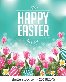 Happy Easter tulips eggs and text EPS 10 vector royalty free stock illustration for greeting card, ad, promotion, poster, flier, blog, article, social media