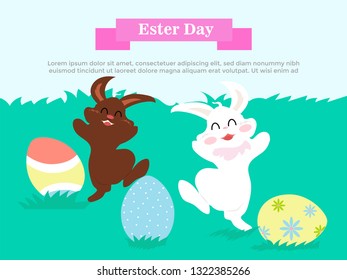 Happy Easter! Easter two bunnies happy  and egg on the grass illustration  - vector