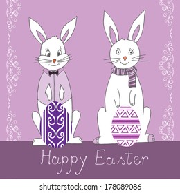 Happy Easter with two Easter bunny and Easter eggs 