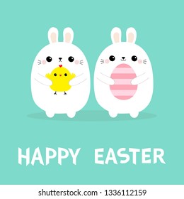 Happy Easter Two bunny holding chicken bird, painting egg set. Rabbit baby chick friends forever. Farm animal. Cute cartoon kawaii funny character. Blue pastel background. Flat design. Vector