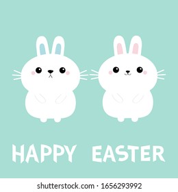 Happy Easter. Two bunny rabbit love couple set. Cute cartoon kawaii funny baby character. Farm animal collection. Long ears. Blue background. Spring greeting card. Isolated. Flat design. Vector