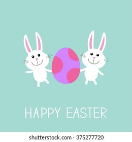 Happy Easter. Two bunny rabbit and egg. Flat design. Pastel color background. Vector illustration