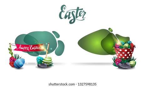 Happy Easter, two fluid color badges template with Easter eggs, flag and bucket with Easter eggs