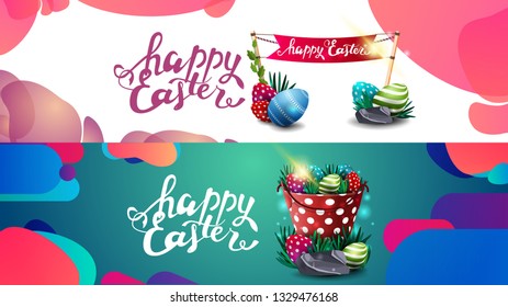 Happy Easter, two fluid color horizontal template for web site with Easter eggs, flag and bucket with Easter eggs