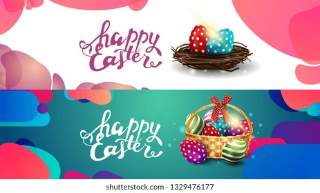 Happy Easter, two fluid color horizontal template for web site with Easter eggs in the nest and basket with Easter eggs