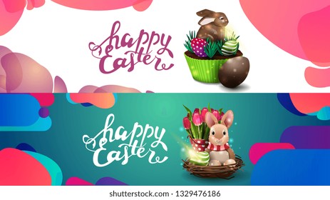 Happy Easter, two fluid color horizontal template for web site with Easter cake, Easter Bunny and tulips