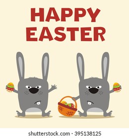 Happy Easter! Two funny bunny rabbit with egg in hand. 