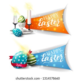 Happy Easter, two greetings banner with Easter eggs, candles and Easter eggs