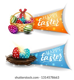 Happy Easter, two greetings banner with Easter eggs in the nest and basket with Easter eggs