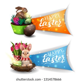 Happy Easter, two greetings banner with Easter cake and Easter Bunny and tulips