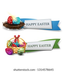Happy Easter, two greetings ribbons with Easter eggs in the nest and basket with Easter eggs