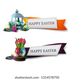 Happy Easter, two greetings ribbons with antique lantern with Easter eggs and vase with Easter eggs and tulips