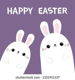 Happy Easter. Two rabbit bunny in the corner. Friends forever. Cute cartoon kawaii funny baby character set. Farm animal. Violet pastel background. Flat design Vector illustration