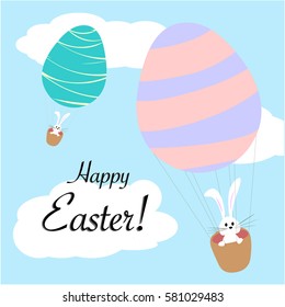 Happy easter , two rabbits on balloons made of easter eggs