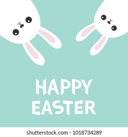 Happy Easter. Two white bunny rabbit hanging upside down. Picaboo. Flat design. Funny head face. Cute kawaii cartoon character. Baby greeting card Blue pastel color background. Vector illustration