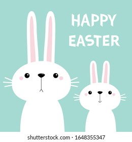 Happy Easter. Two white bunny rabbit set. Cute cartoon kawaii funny baby character. Long ears. Farm animal. Blue background. Spring greeting card. Isolated. Flat design Vector illustration