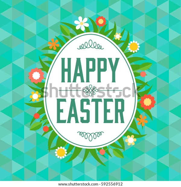 Happy easter type font headline and divider in\
egg shape frame around with grass and flower on triangle pattern\
background