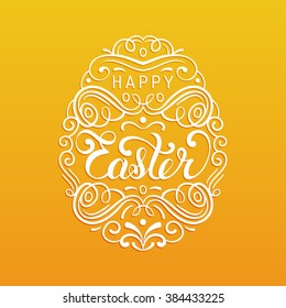 Happy Easter type greeting card in the egg shape. Religious holiday vector illustration for poster, flyer.