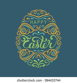 Happy Easter type greeting card in the egg shape. Religious holiday vector illustration for poster, flyer.