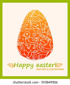 Happy Easter type greeting card. Painted Easter eggs, ornament flowers, chicken, easter bunny. Religious holiday vector illustration for poster, flyer.