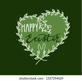 Happy Easter type greeting cards in the heart wreath shape with rabbit easter. Religious holiday vector illustration for poster, greeting card.