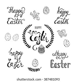 Happy Easter typographic background. Set of calligraphic inscription, eggs, birds, branches. Modern calligraphy