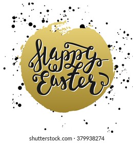 Happy Easter typographic greeting card. Easter Lettering with watercolor stain in black gold white colors. Easter Holidays logo lettering for invitation. Happy Easter Banner. Vector typography design