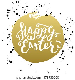 Happy Easter typographic greeting card. Easter Lettering with watercolor stain in black gold white colors. Easter Holidays logo lettering for invitation. Happy Easter Banner. Vector typography design