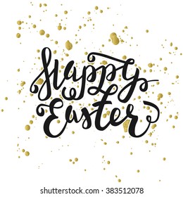 Happy Easter typographic greeting card. Lettering with watercolor stain in black gold white colors. Easter Holidays logo lettering for invitation. Vector typography design
