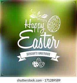 Happy Easter Typographic label, decorated eggs, abstract background, vector 