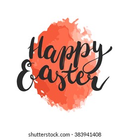 Happy Easter typographic lettering greeting card with red hand painted watercolor egg on the background. Hand drawn typography for Easter.