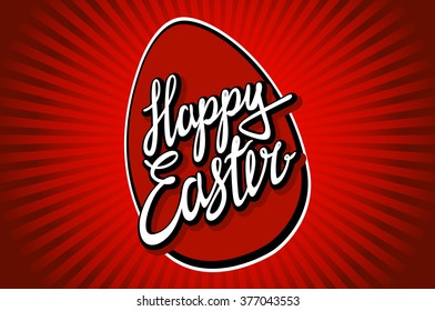 Happy Easter typographic vector lettering greeting card with red painted watercolor egg on the background.  Hand drawn typography for Easter. art