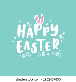 Happy Easter Typographical Background With Easter Eggs, Ears and decoration - great for banners, wallpapers, invitations, cover images - vector design

