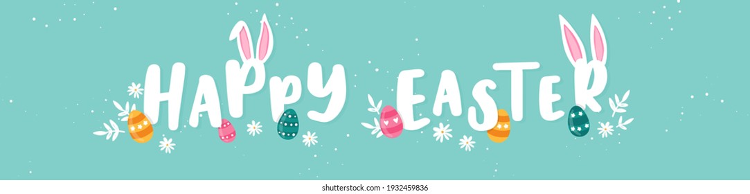 Happy Easter Typographical Background With Easter Eggs, Ears And Decoration - Great For Banners, Wallpapers, Invitations, Cover Images - Vector Design
