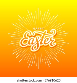 Happy Easter Typographical Background with firework. Handwritten lettering for Poster or Greeting Card. Vector illustration.