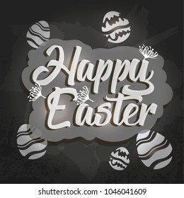 Happy Easter Typographical Background On Blackboard With Chalk. Happy Easter card.