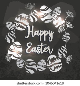 Happy Easter Typographical Background On Blackboard With Chalk. Happy Easter card.
