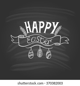 Happy Easter typographical background on blackboard. Holiday illustration.