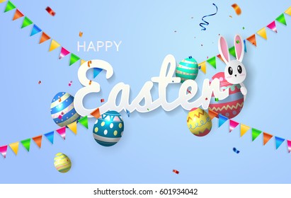 Happy Easter Typographical Background With Rabbit and confetti celebration.